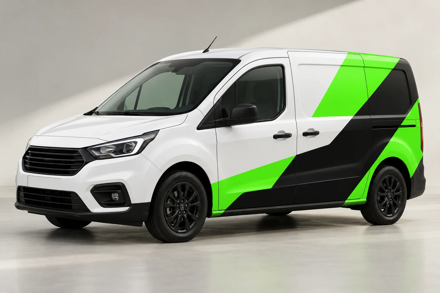 Vehicle branding concept with a black and neon green vinyl wrap