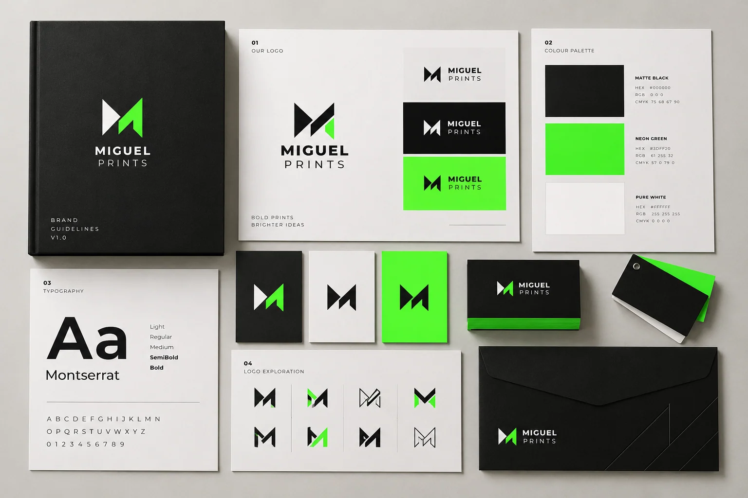 Graphic design concept with printed brand guidelines and colour swatches