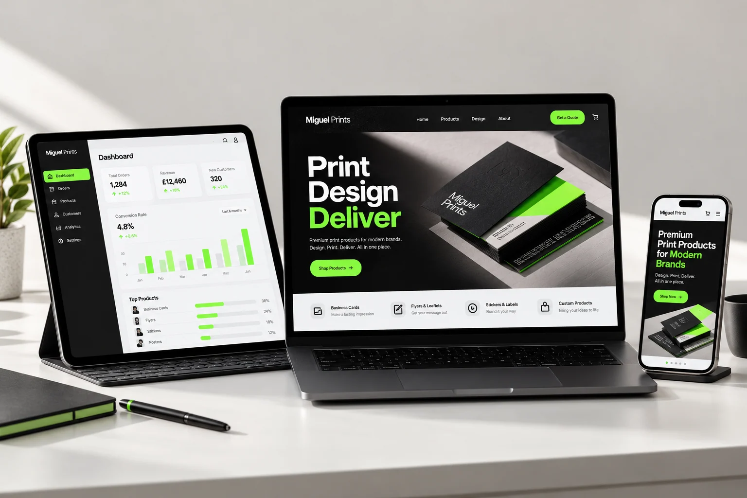 Website and custom app interface concept on a laptop, tablet and phone